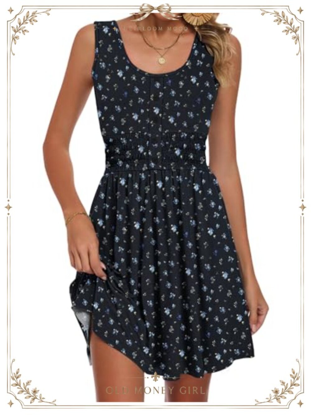 Womens Summer Mini Dress Sleeveless Smocked Empire Waist Sundress Pockets